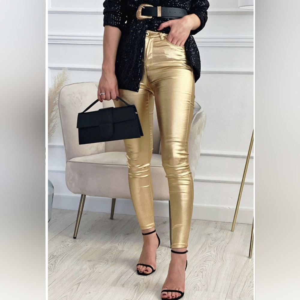 NIP Modiva Skinny Disco Shimmer Satin Like Metallic Gold Pants 3 - 13 juniors